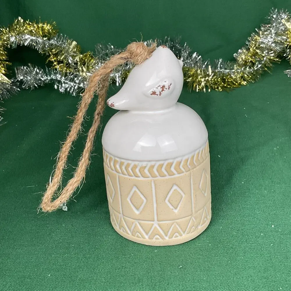 Ceramic Bird Bell Christmas Ornament - Geometric Pattern Rustic Glazed Decor